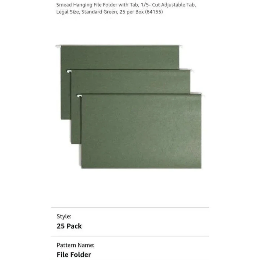 Hanging File Folder, With Tabs, Legal Size, Standard Green, 25 per Box (64155)
